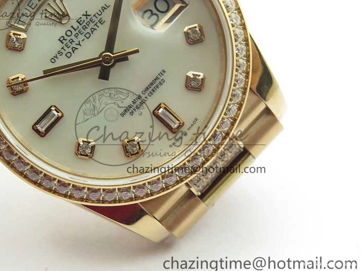 AAA Replica Watches on President A 2689 BP White ComfortFit Crystal Crystal Marker MOP RG Best Edition 128235 Dial Day-Date Bracelet RG 36mm 1218